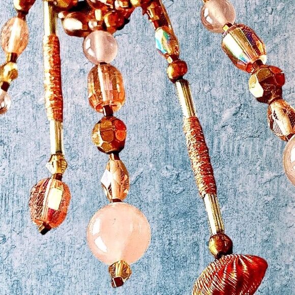 Vintage Pink Agate gold Swarovski Crystal hand beaded festoon style 5”x 2” pin - Picture 6 of 13